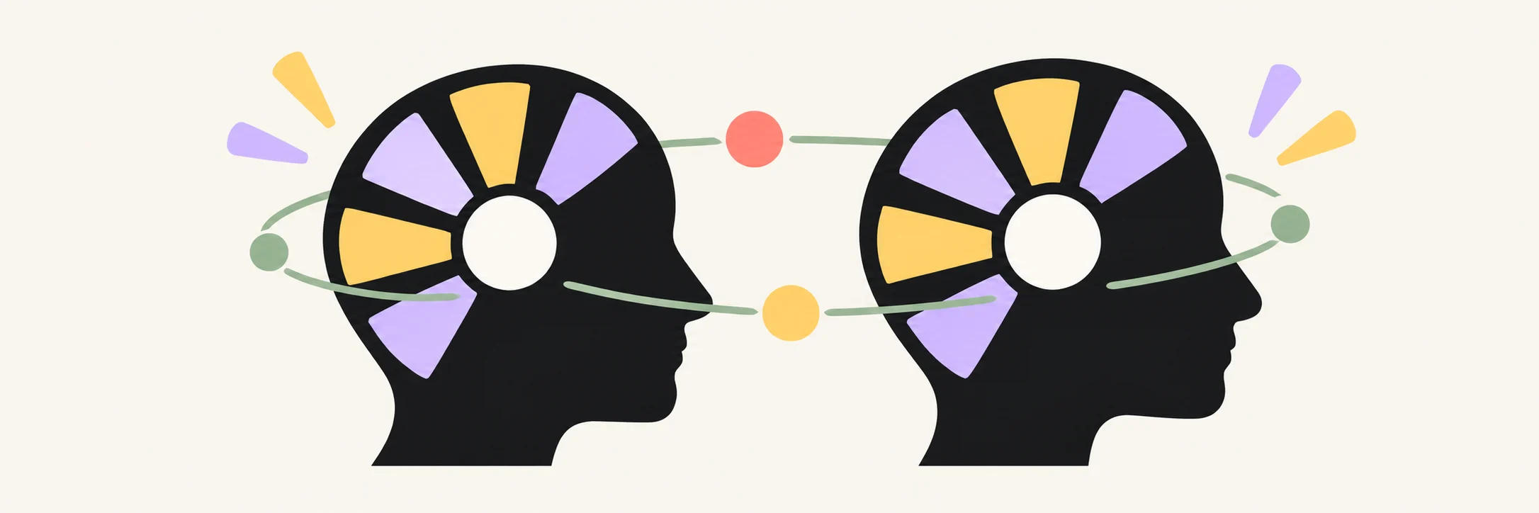 Two abstract profiles with lilac and yellow shapes connected by a shared orbit.