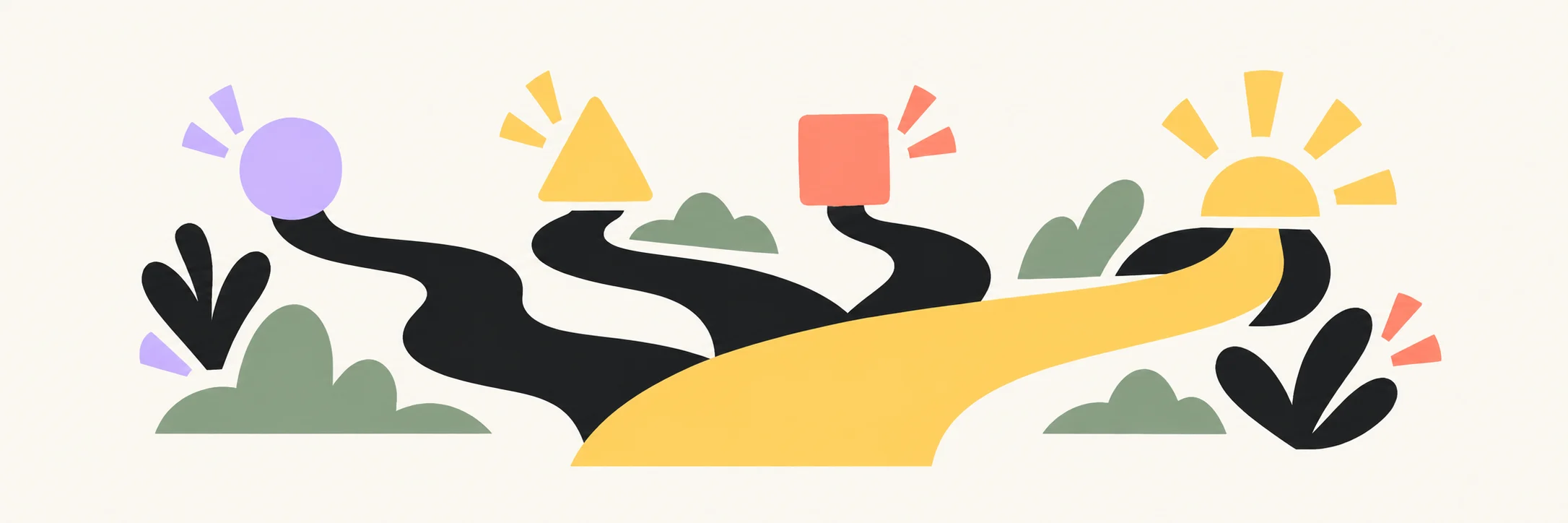 Abstract illustration of several branching geometric paths becoming one clear broad route, a calm choice among three coloured shapes.