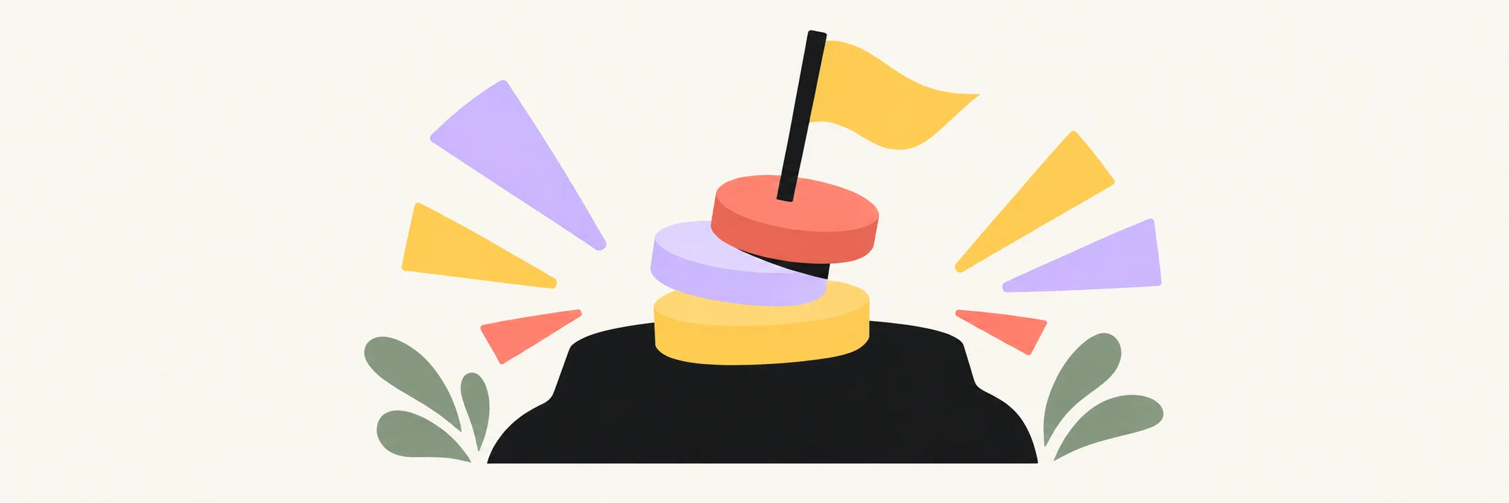 Abstract illustration of a playful stack of coloured tokens and a modest flag on one small attainable platform.