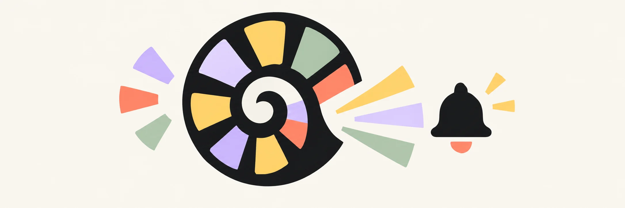 Abstract illustration of a bold circular absorbing spiral with an open exit and a small contrasting reminder bell shape outside it.