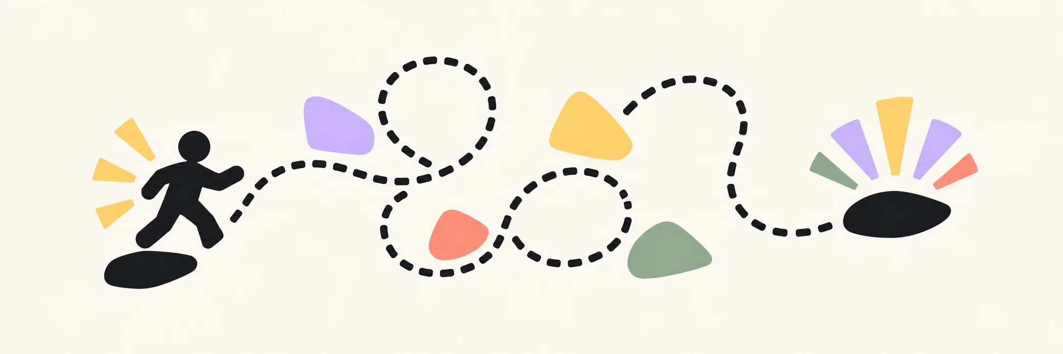 Abstract illustration of a looping dotted path with one opening leading onto a small stepping stone.