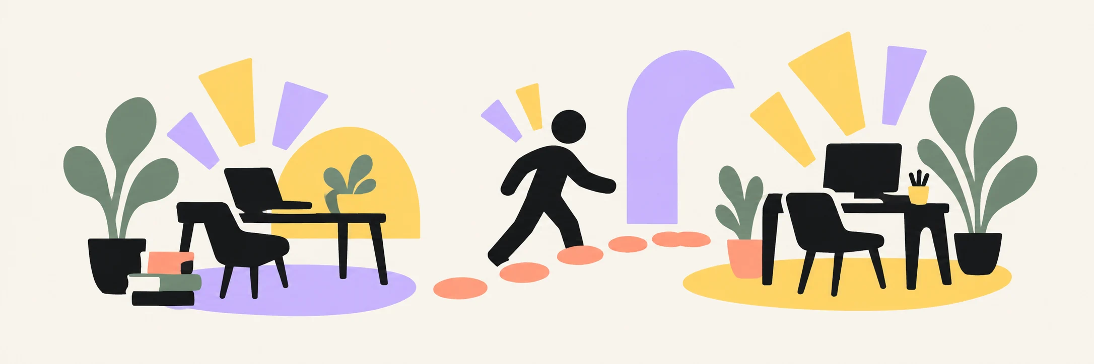 Abstract illustration of two open abstract workspaces connected by a single curved stepping path; one shape leaves the first workspace and enters the second.
