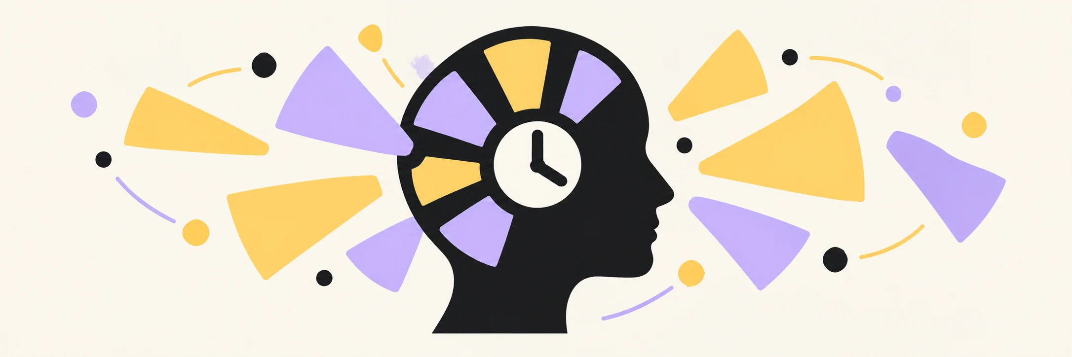 Abstract black profile with a clock and floating lilac and yellow time segments.