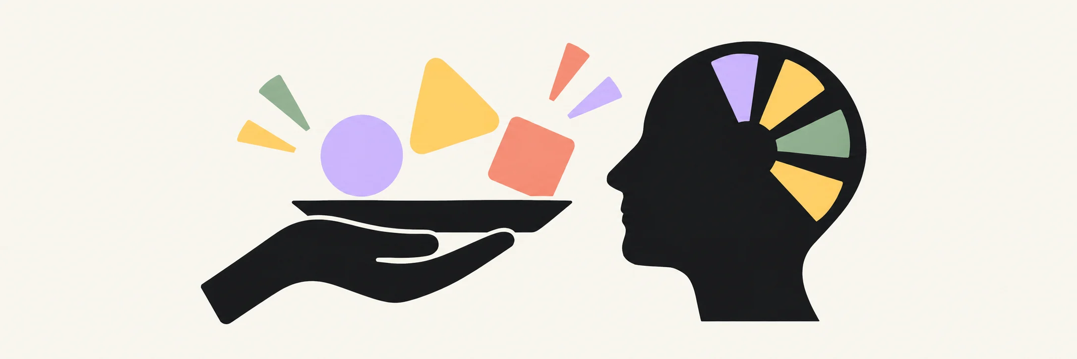 Abstract illustration of three floating colourful shapes supported by an external tray beside an abstract head silhouette.